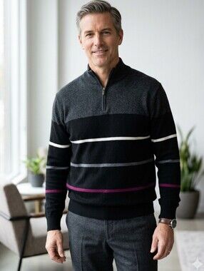 SERICA Striped Men's 1/4 Zip Sweater, Made in Italy, Size Large